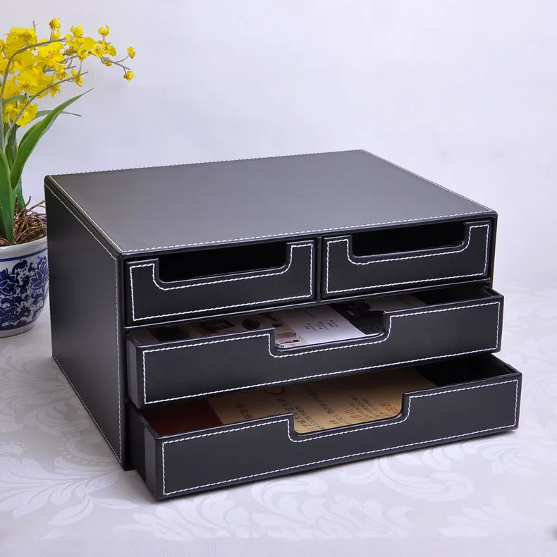 3-layer 4-drawer wood leather desk filing cabinet storage box office file organizer document container tray holder black 216A