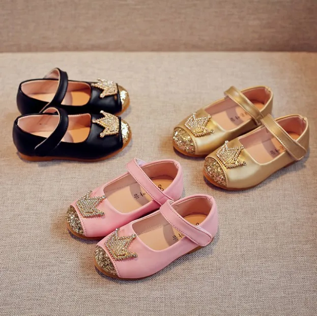 Spring Kids princes Shoes For Girls Children Girl Wedding Shoe Gold Black Crown Sequins Baby Waterproof Footwear | Детская одежда и