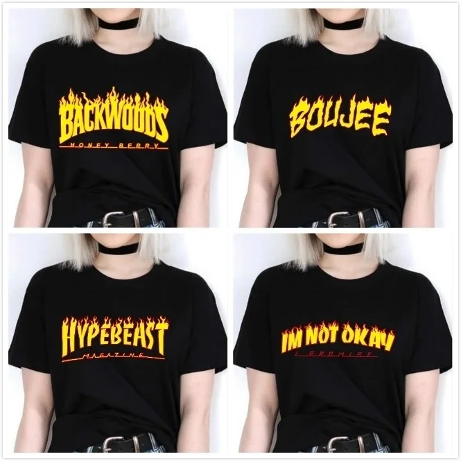 

Fashionshow-JF 1 шт., футболка с принтом пламени и буквенным принтом, футболка с принтом «Backwoods Hypebeast Boujee», футболка с графическим рисунком, Повседне...