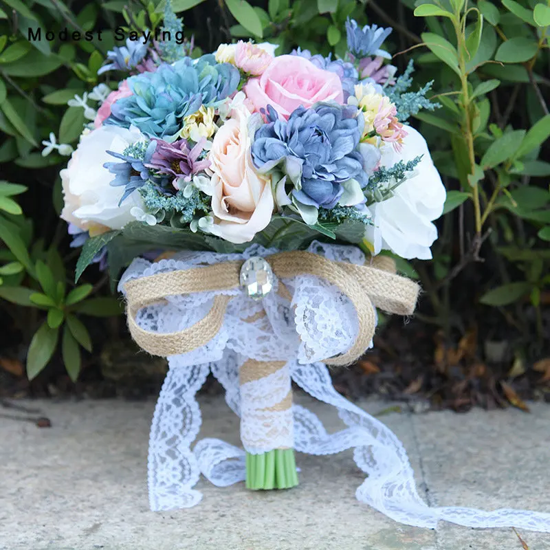 

Elegant Artificial Flowers RoseWedding Bouquets 2017 for Brides New Fashion Bridal Lace Handle Bouquets Wedding Accessories