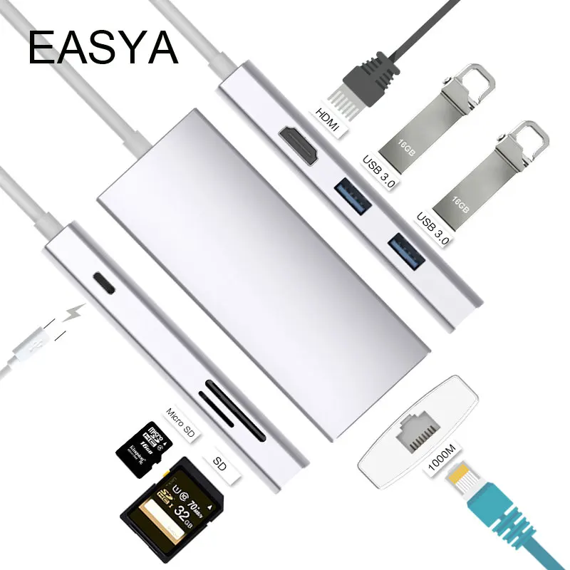 EASYA концентратор USB Type C к HDMI Rj45 1000 Мбит/с Поддержка Dex для samsung S8 S9 Note 8 Note 9 с PD SD/TF слот для чтения для Macbook Pro