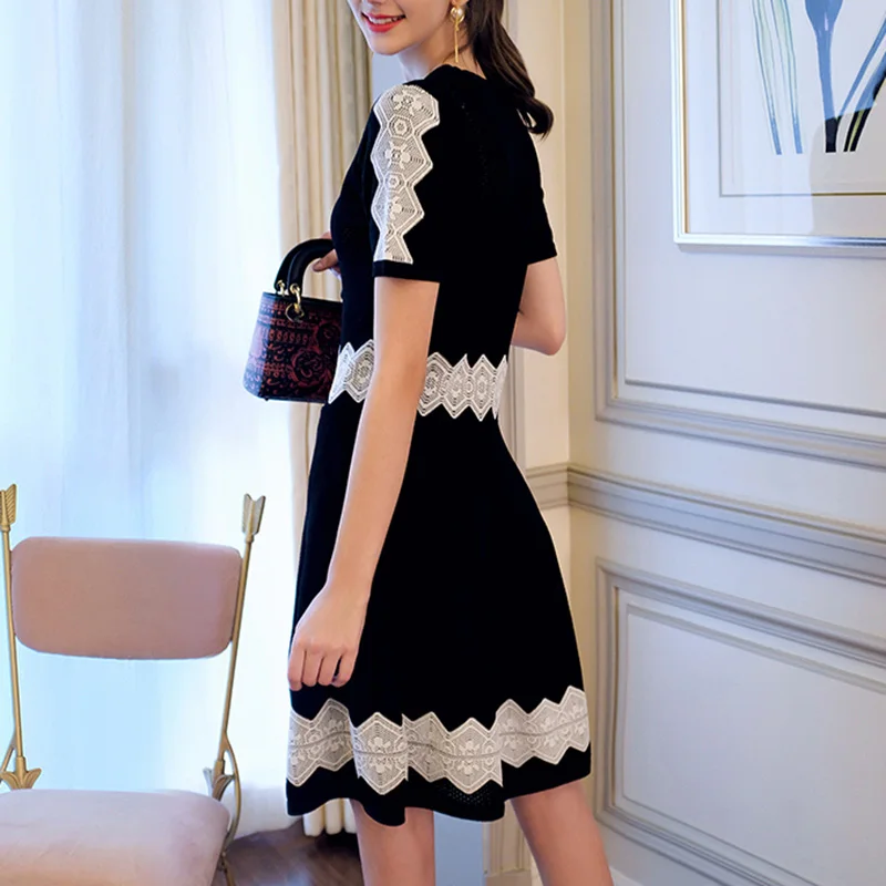 Элегантное выдалбливающее трикотажное платье для женщин 2019 с коротким рукавом