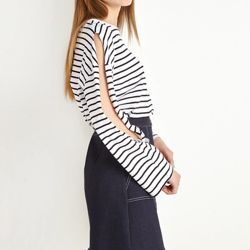 С длинными рукавами футболки Для женщин в полоску с круглым вырезом Футболки