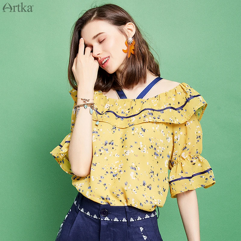 ARTKA 2019 Summer New Women Floral Shirt Printed Chiffon Flare Sleeve Blouse Slash Neck Sling For SA10999X |