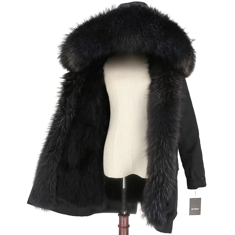 black grey grey OFTBUY пальто из натурального меха енота, капюшон из лисьего меха, зимняя куртка, Женская длинная парка, водонепроницаемая верхняя одежда - Цвет: black grey grey