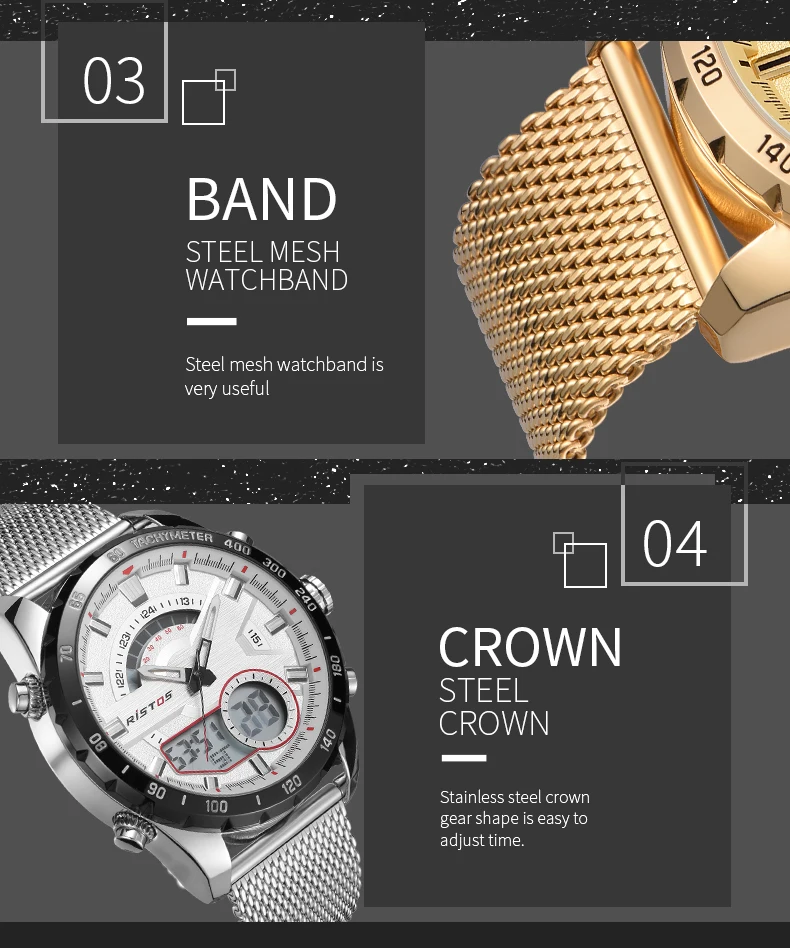RISTOS модные часы Relojes Masculino Hombre, многофункциональные мужские спортивные часы со стальным плетением, цифровые наручные часы с хронографом для мужчин 9361