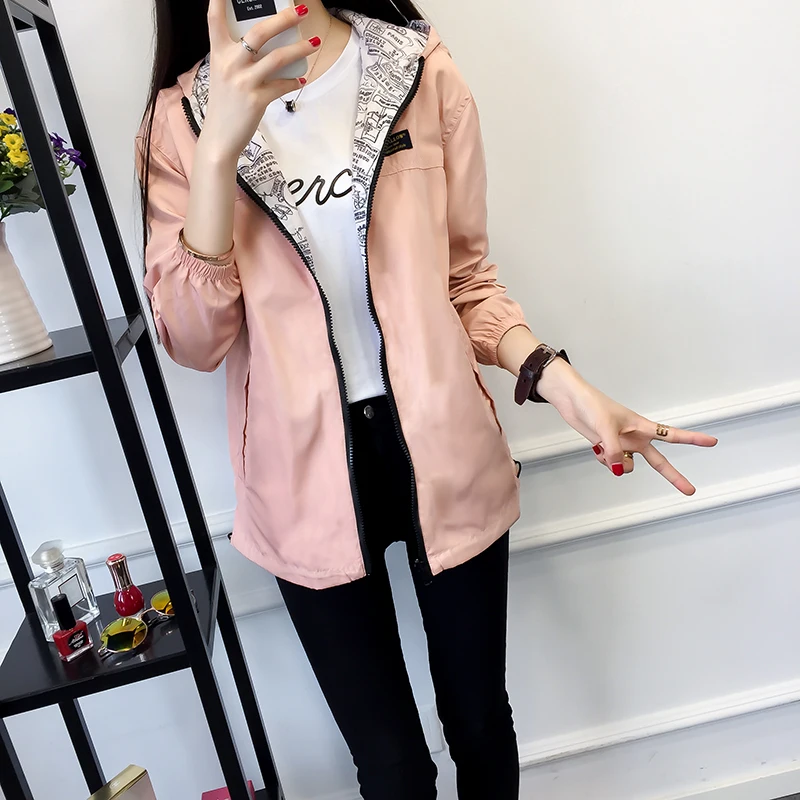 Женская куртка с капюшоном двусторонняя свободная ветровка карманами и