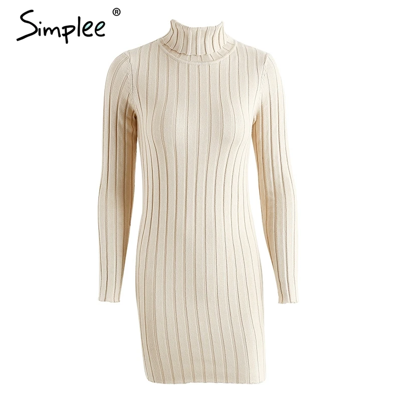 Light Apricot Женское платье-свитер Simplee на осень-зиму, трикотажное хлопковое приталенное облегающее платье в стиле кэжуал с высокой горловиной, пуловер - Цвет: Light Apricot