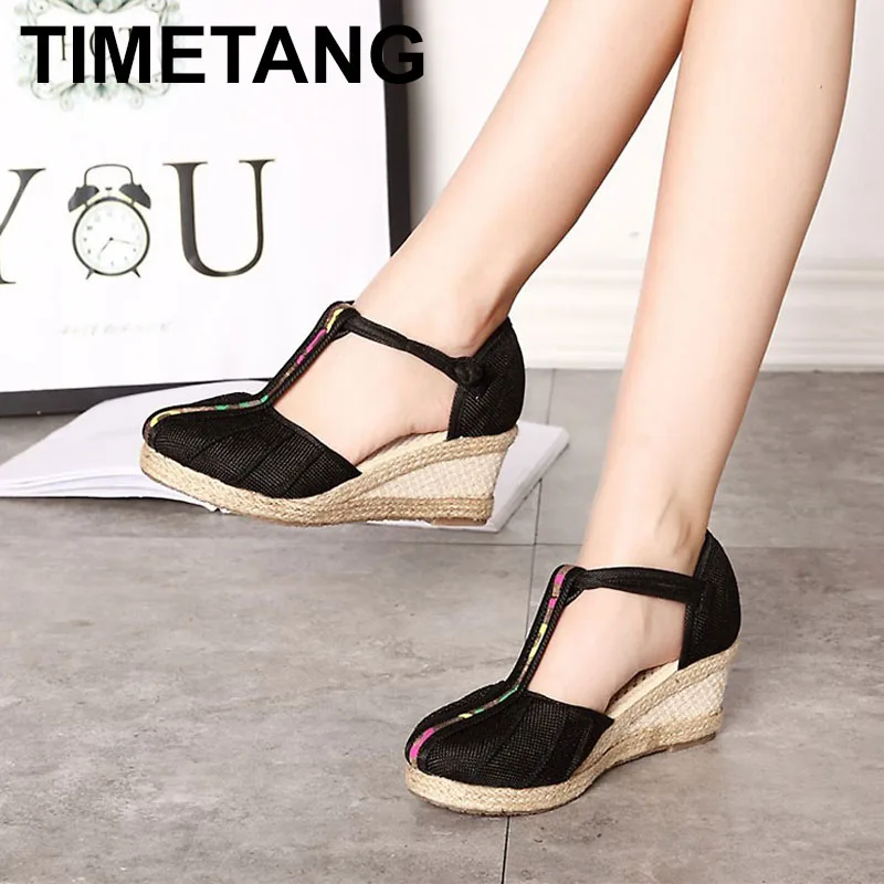 Летние Стильные женские льняные туфли-лодочки с Т-образным ремешком Сандалии на