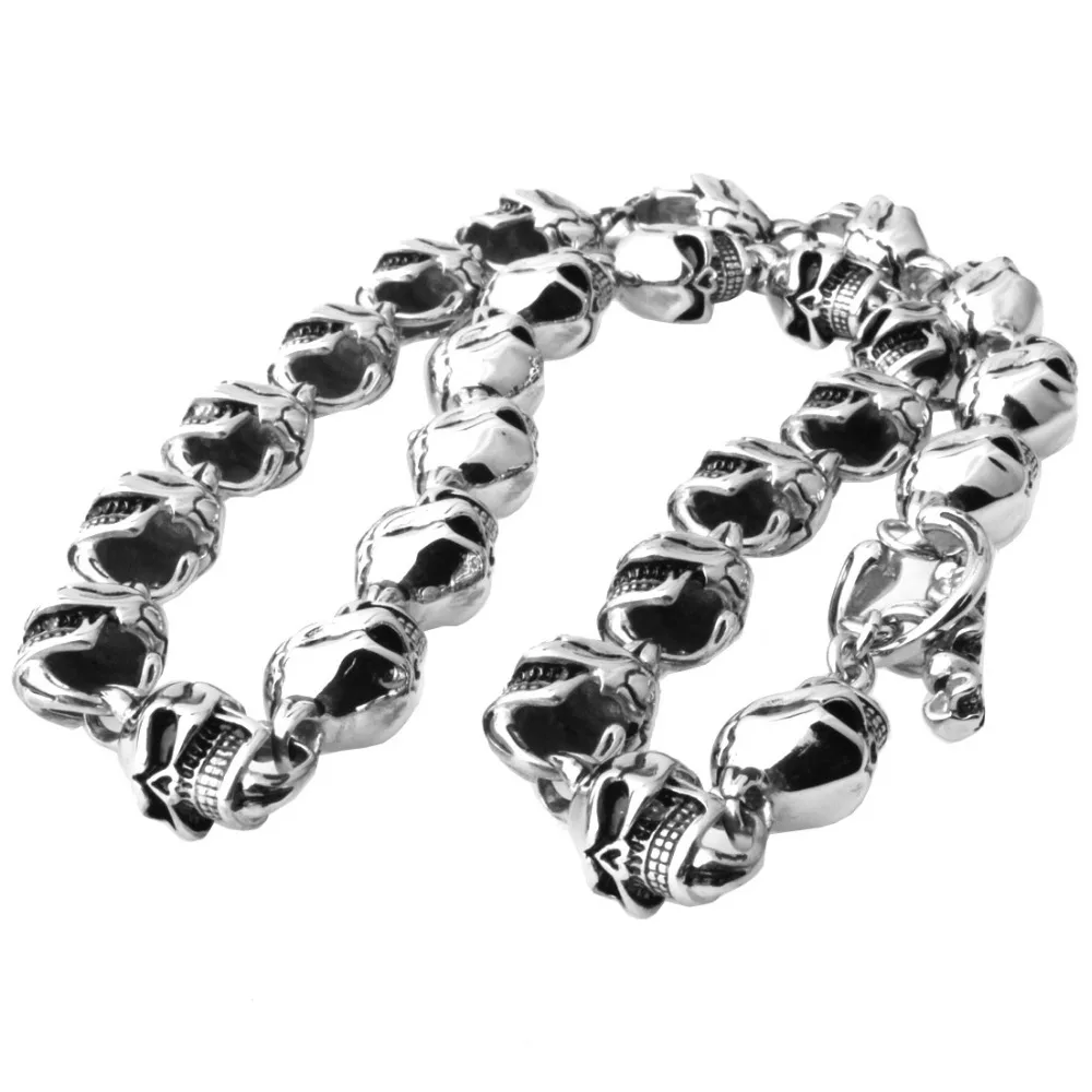 15mm Heavy Cool Stainless Steel Silver Color&ampBlack Skeleton Skull Head Biker Jewelry Men's Necklace Christmas Gift 28inch Long |