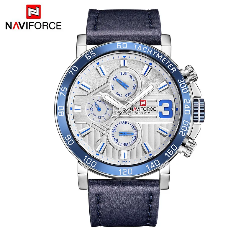 Silver Bule Новые мужские часы от роскошного бренда NAVIFORCE, мужские спортивные часы, водонепроницаемые кожаные кварцевые часы с датой недели, мужские часы, мужские часы - Цвет: Silver Bule