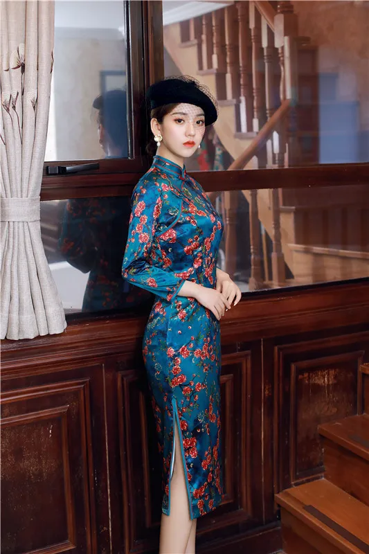 Плюс Размеры искусственный шелк Cheongsam Длинные платья Вечеринка синий печать улучшенное платье Чонсам Ципао платье Orientale XXXL 4XL XXL