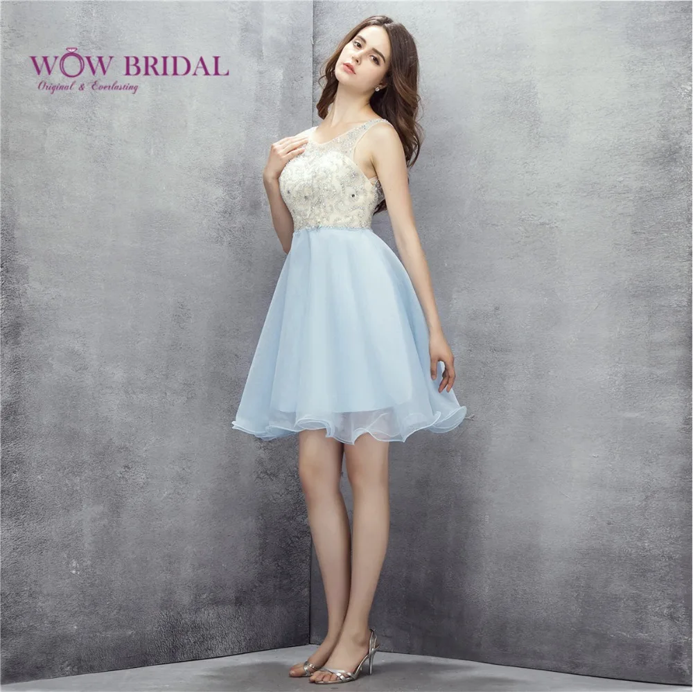 Wowbridal 2017 Голубые короткие платья без рукавов с бисером для выпускного вечера