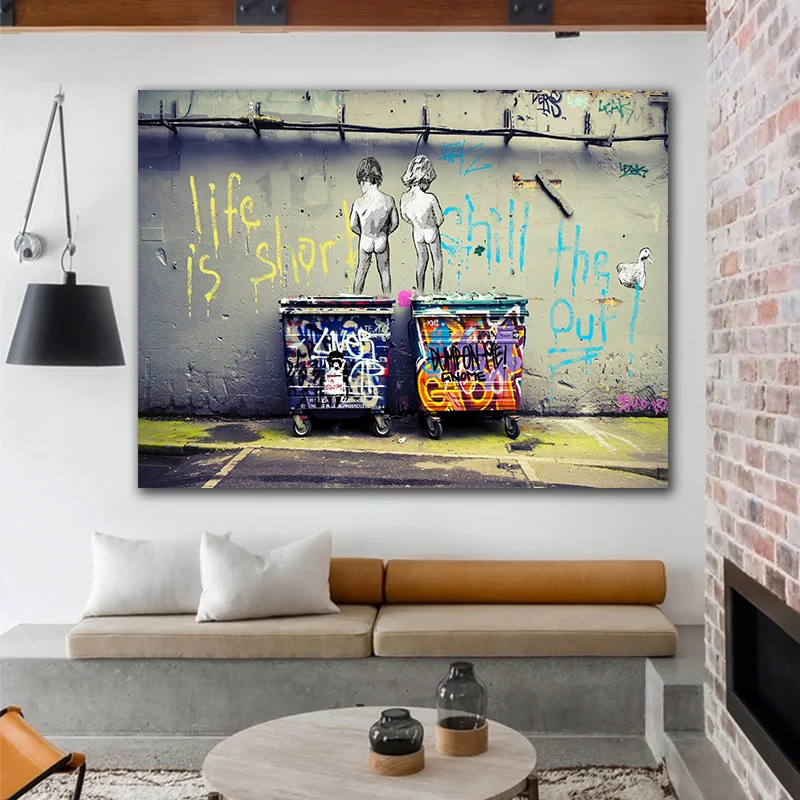 

Modern Street Art Picture Two Boy Canvas Painting Graffiti Wall Art Life is Short Print Poster for Living Room Decor