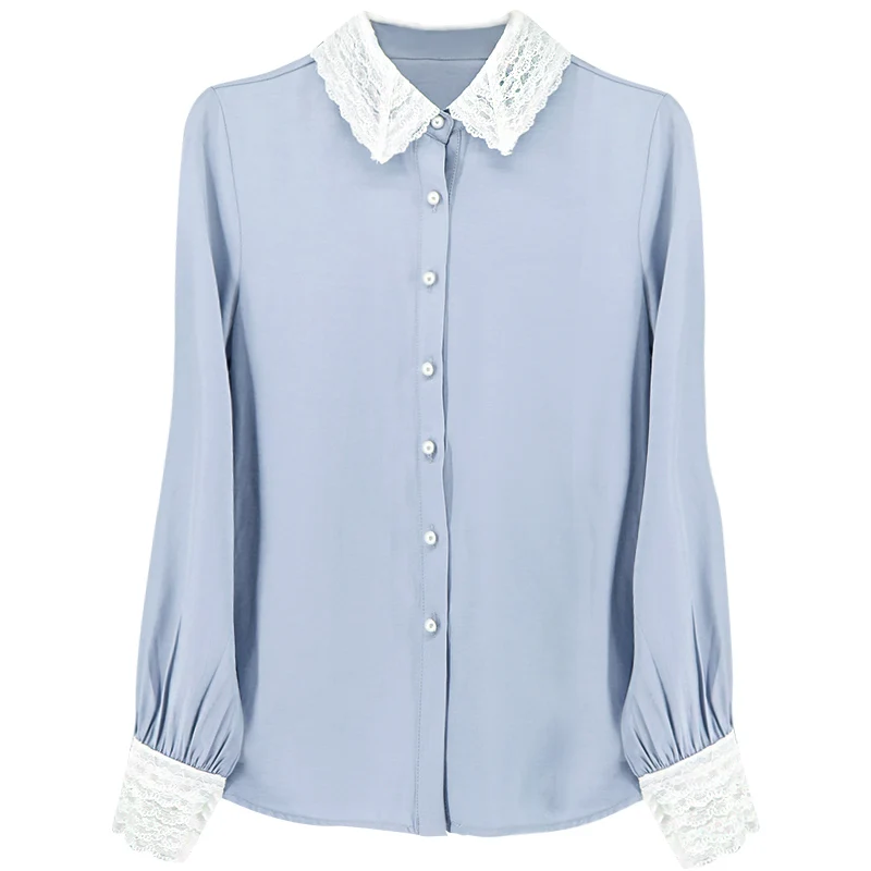 Elegant Blue-gray Lace Patchwork Pure Color Ladies Blouse Long-sleeved Temperament Women Chiffon C605 | Женская одежда