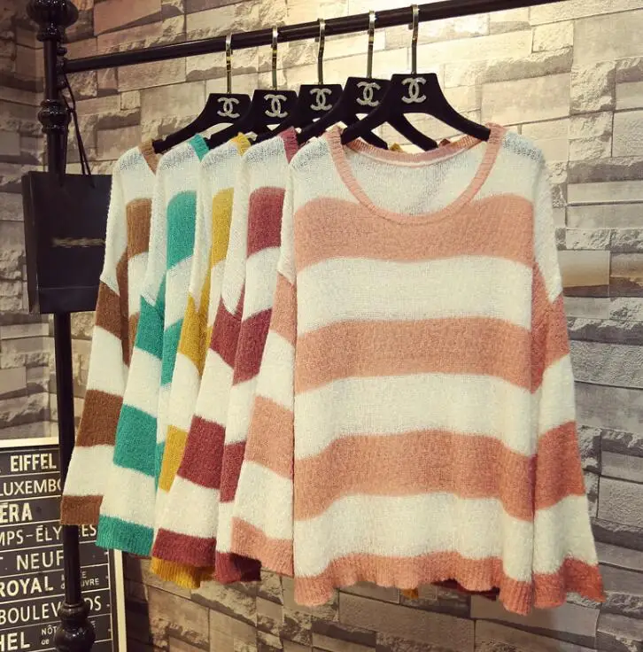 2018 New Spring Autumn Women's Long Sleeved Striped Mohair Sweater Loose Blouse Female Students Casual Knitted Pullover Tops | Женская