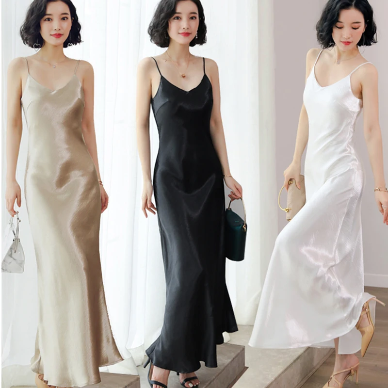 Платье женское атласное на бретелях-спагетти пикантное Длинное Элегантное