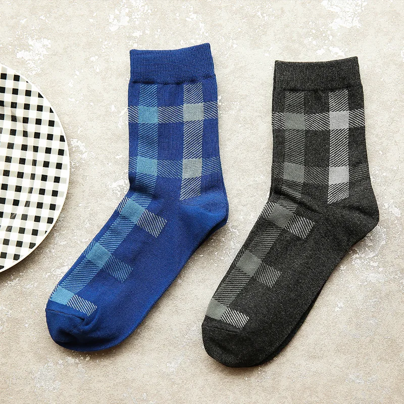 1Pair/lot Fashion Gird Cotton Socks For Men Blue Black Casual Classic Business Mujer Winter Soft Calcetine | Мужская одежда