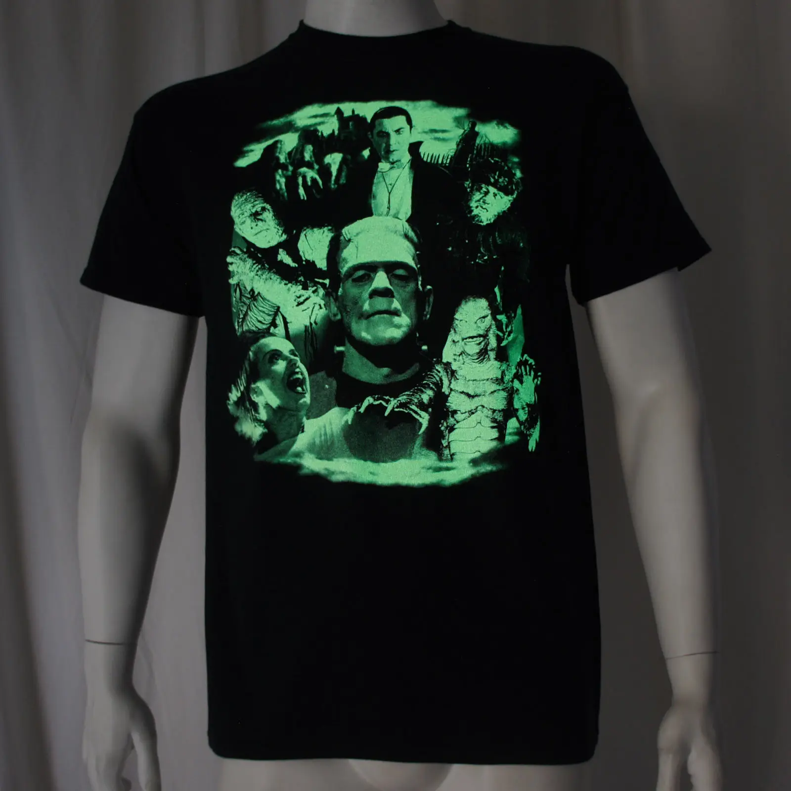 Универсальный Монстры коллаж Дракула Франкенштейн невесты светящаяся футболка S