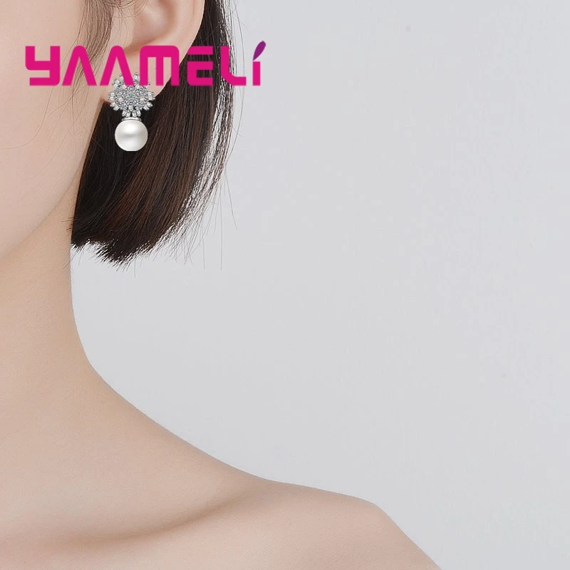 

Girls Fashion Freshwater Pearl Earrings 925 Sterling Silver Shinning Cubic Zirconia Lovely Earrings Top Quality