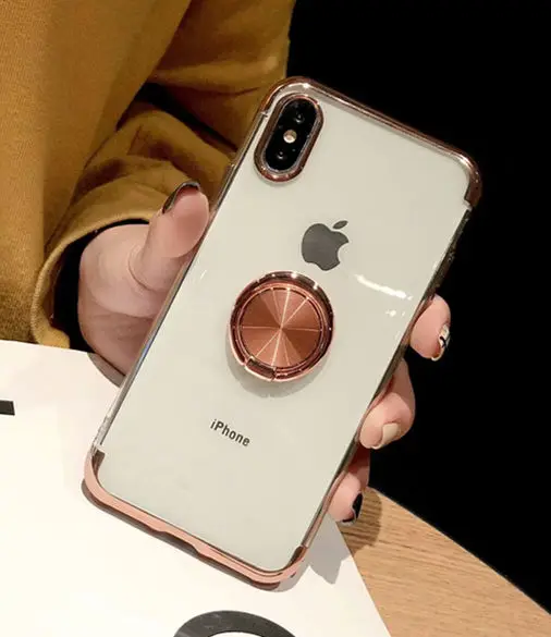 Модный Магнитный кронштейн чехол для телефона для iPhone X чехол прозрачный Автомобильный держатель Подставка кольцо для пальца для iPhone 6 6S 7 8 Plus XS MAX XR - Цвет: Pink