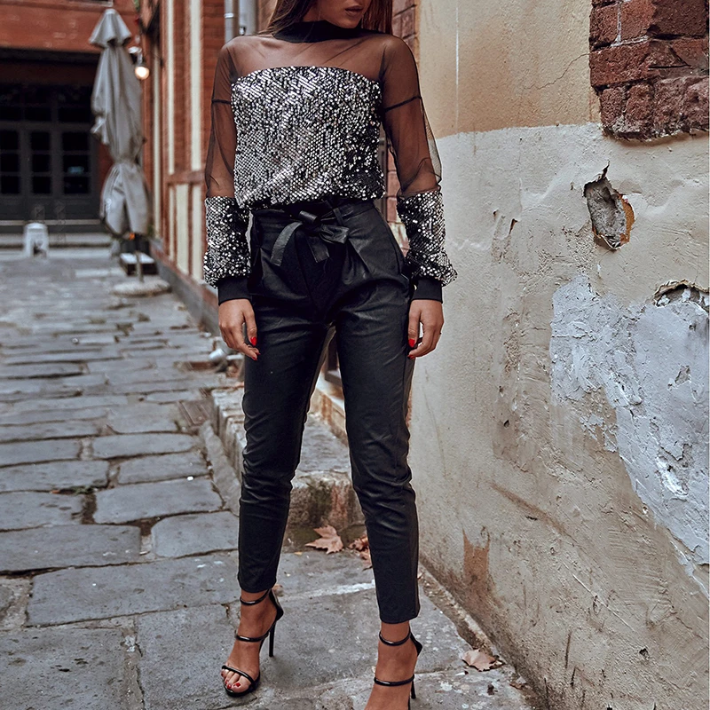 Женская прозрачная сетчатая блузка с блестками Летняя Сексуальная рубашка