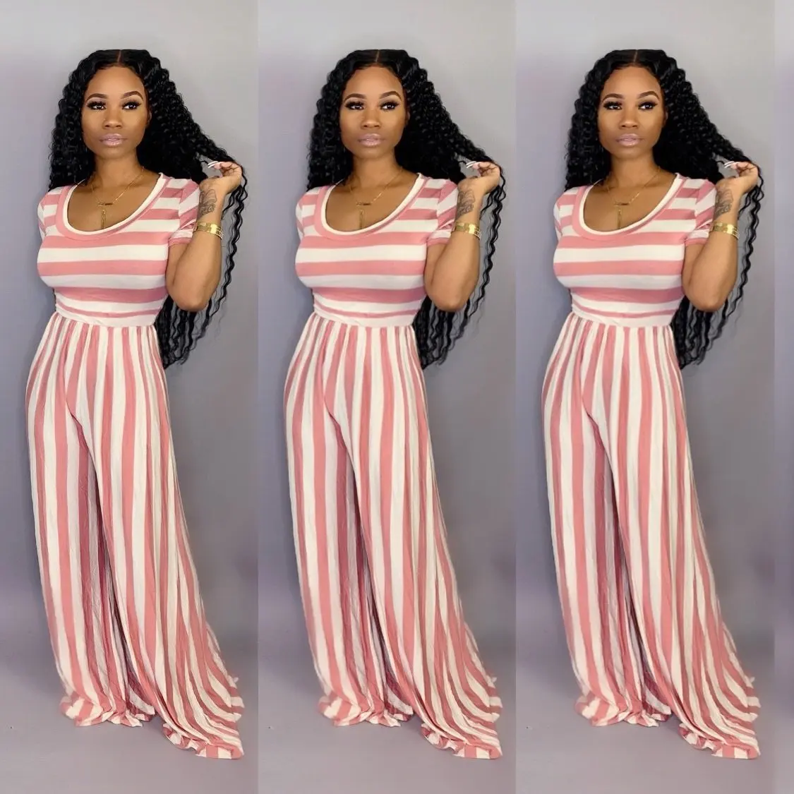 

Cross-border women's wear European and American fashionable sexy round collar stripe stitching pants Jumpsuits