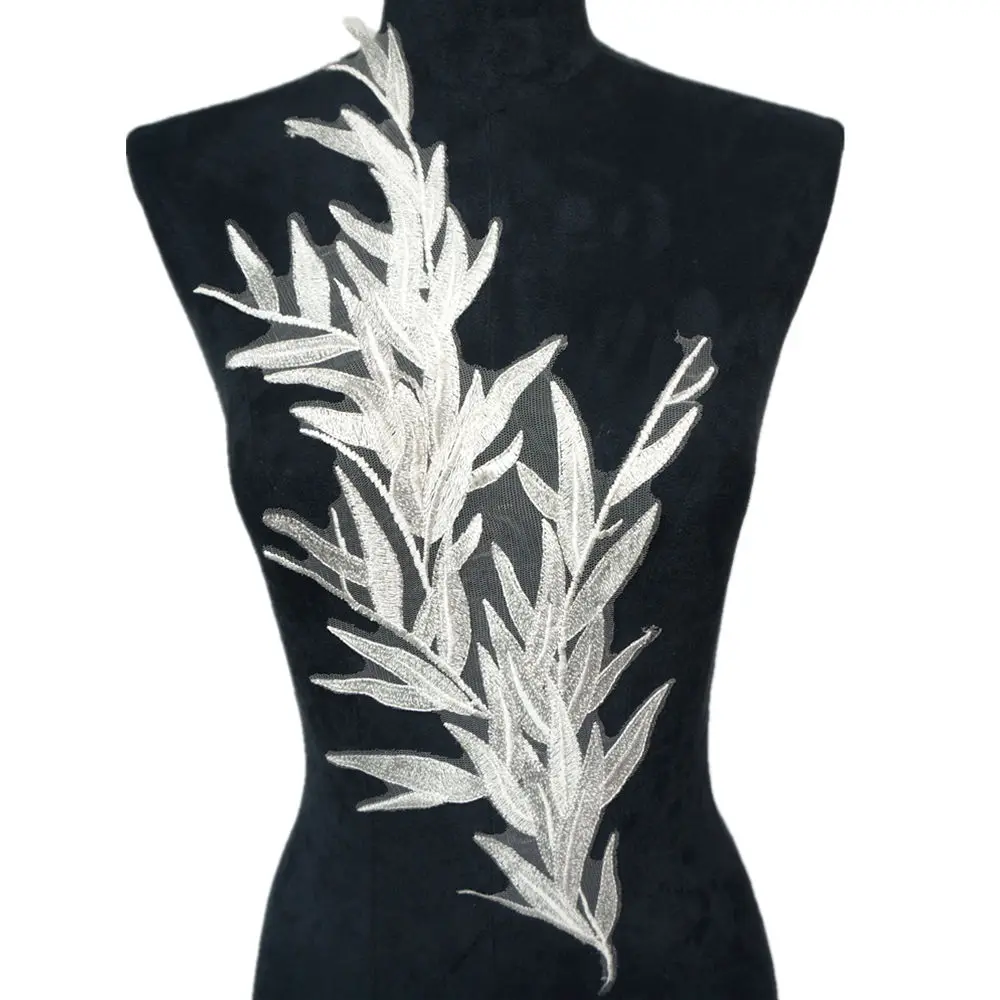 Кружевная сетчатая ткань с белыми листьями из перьев Аппликации нашивки для