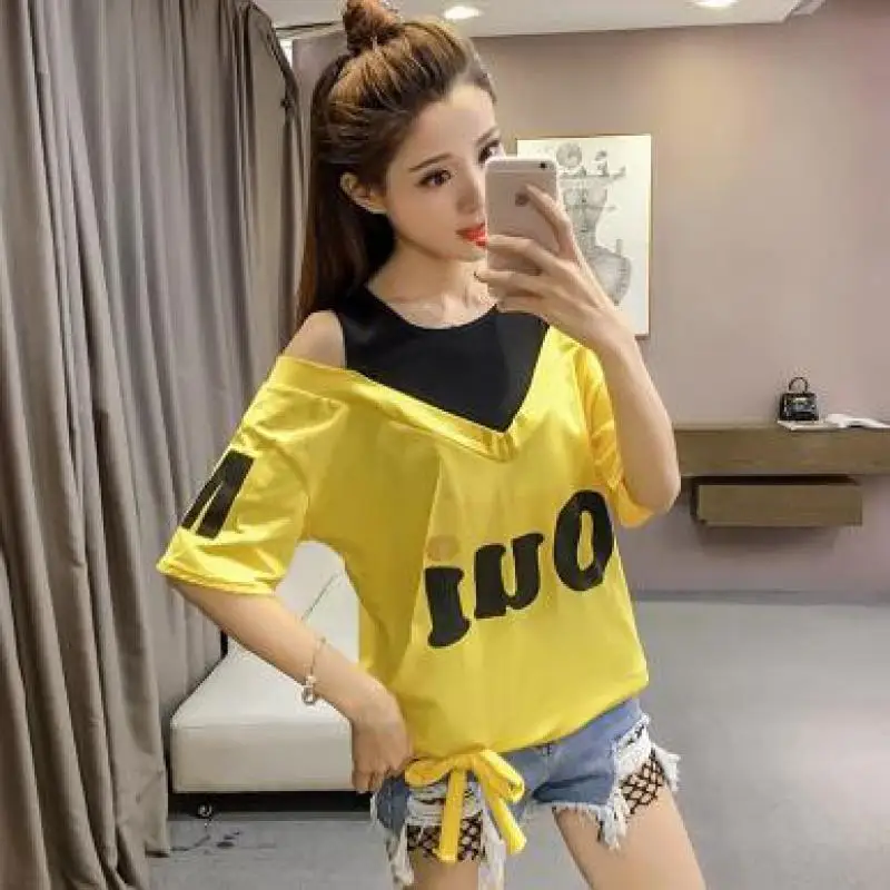 Летняя новая желтая женская футболка с коротким рукавом модный костюм Харадзюку