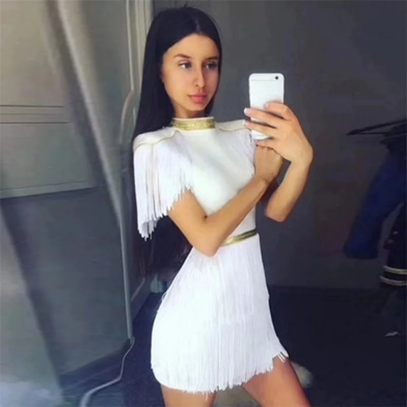 Женское облегающее платье Leger Babe черное красное белое с бахромой лето 2019 | Женская