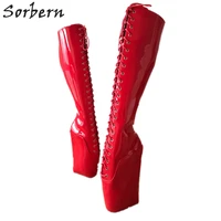 sorbern sexy ballet wedge boots high heels 18cm lace up knee hi boots hoof fetish dominatrix red heelless exotic dancer shoes