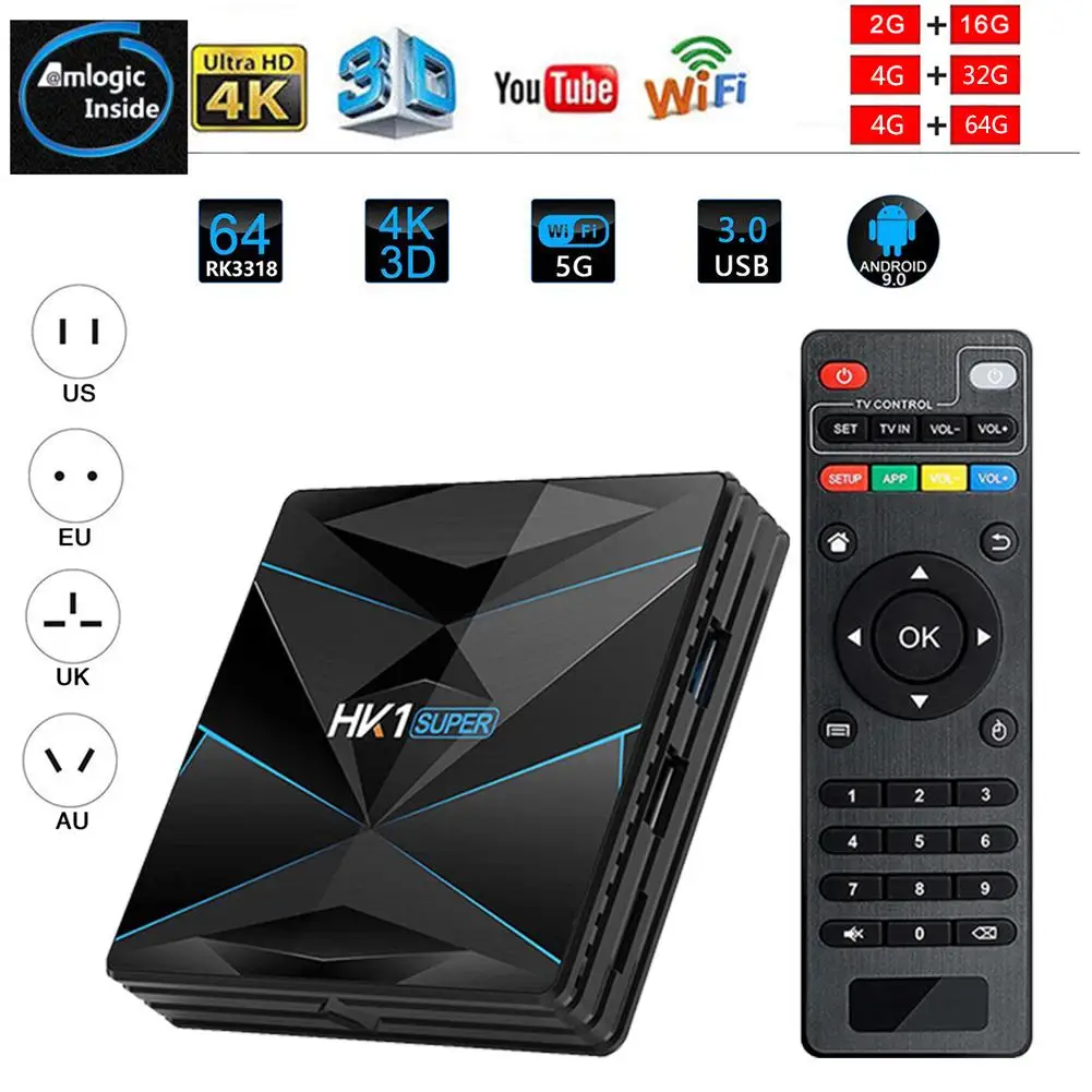

HK1 RK3318 Smart TV Box Android 9.0 2/4GB+16/32/64GB Dual-band WiFi Intelligent Android 9.0 Network Player