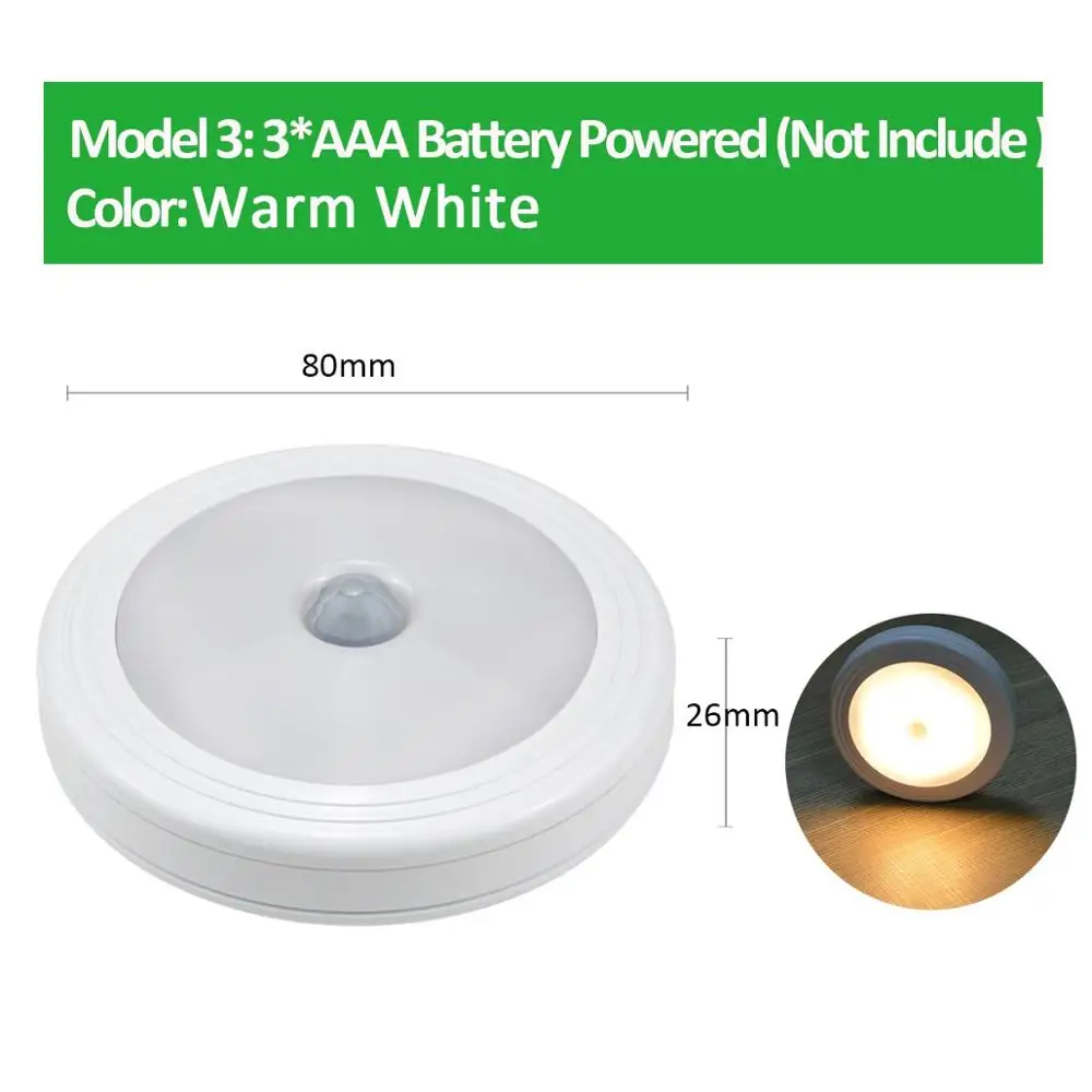 Round Lamp Warm Под светодиодные лампы для шкафа лампа с датчиком движения Детектор движения Управление шкаф гардероб кухонное Освещение для дома на батарейках - Цвет: Round Lamp Warm