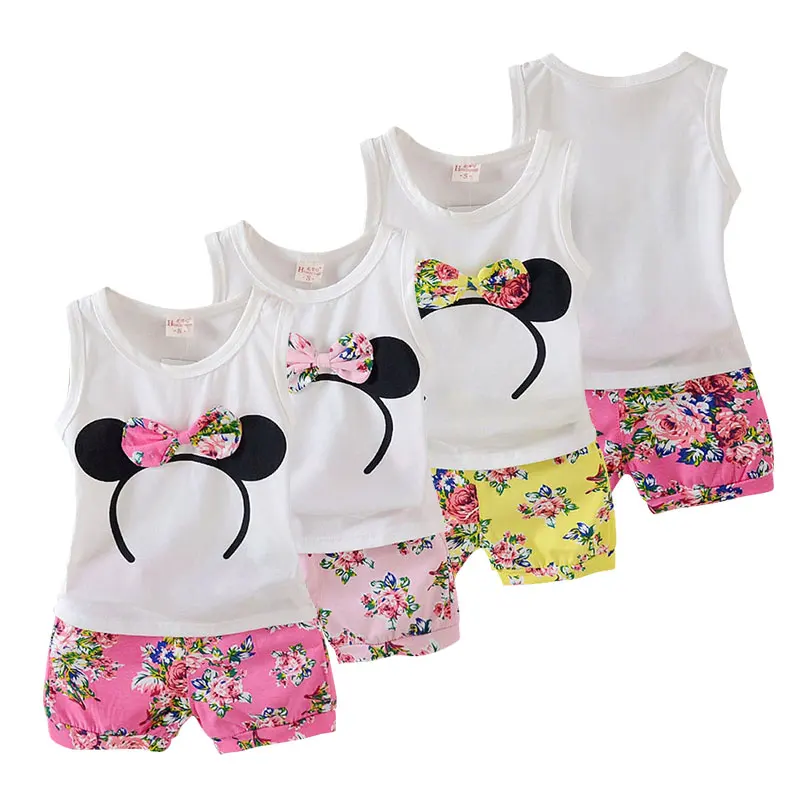 Летняя Повседневная футболка для маленьких девочек + шорты костюм милая одежда с