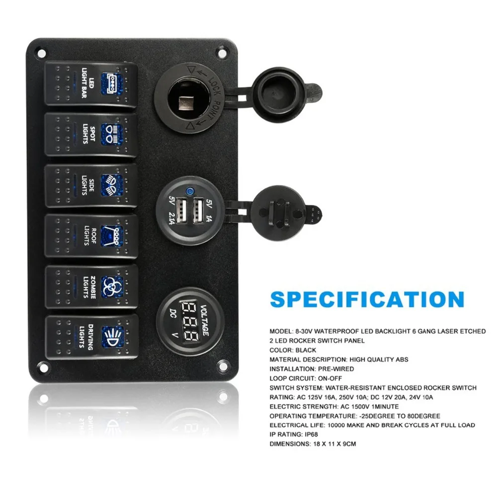 Зарядное устройство с двумя usb-разъемами, 12 В, Силовая розетка, 6 комплектов, водонепроницаемый переключатель, панель управления, светодиодный светильник-индикатор для автомобиля, лодки, морской RV