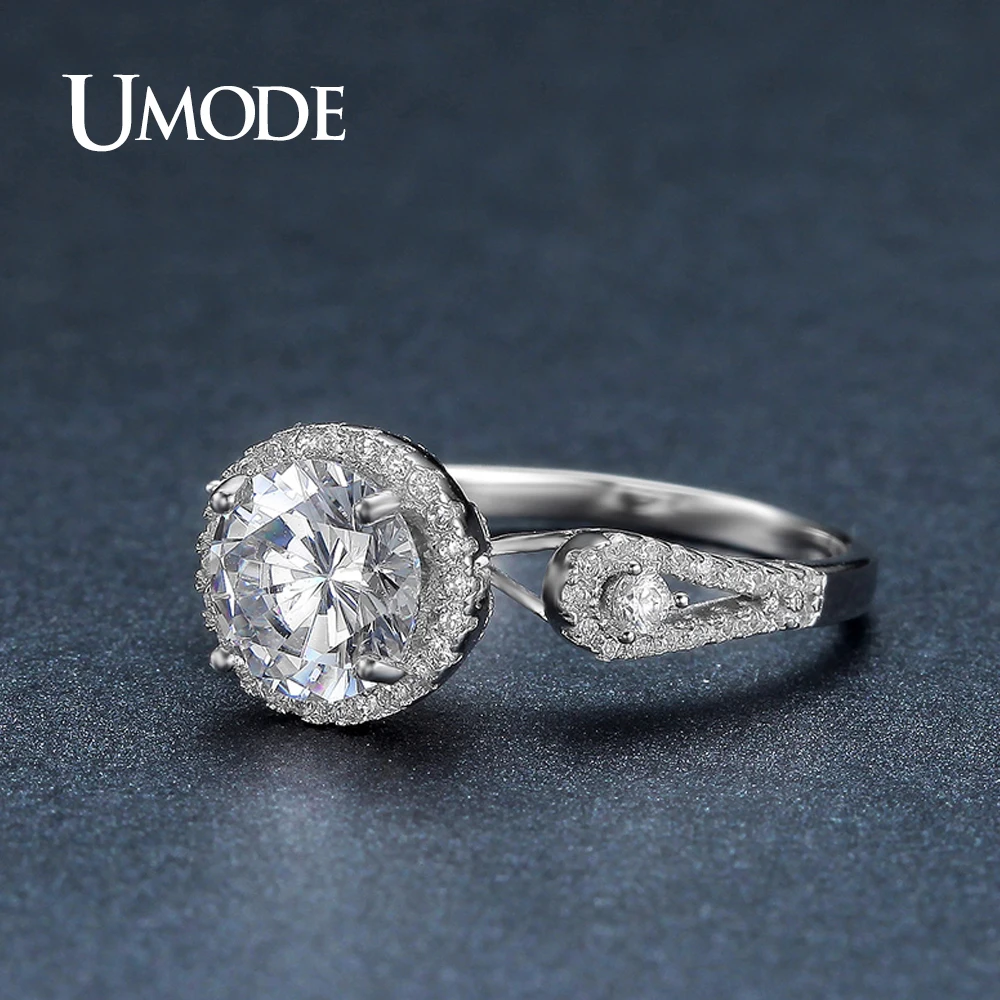 UMODE роскошные большие круглые CZ камни Свадебные обручальные кольца для женщин 925 пробы серебряные ювелирные изделия Кольца Bijoux Femme Bague ULR0338