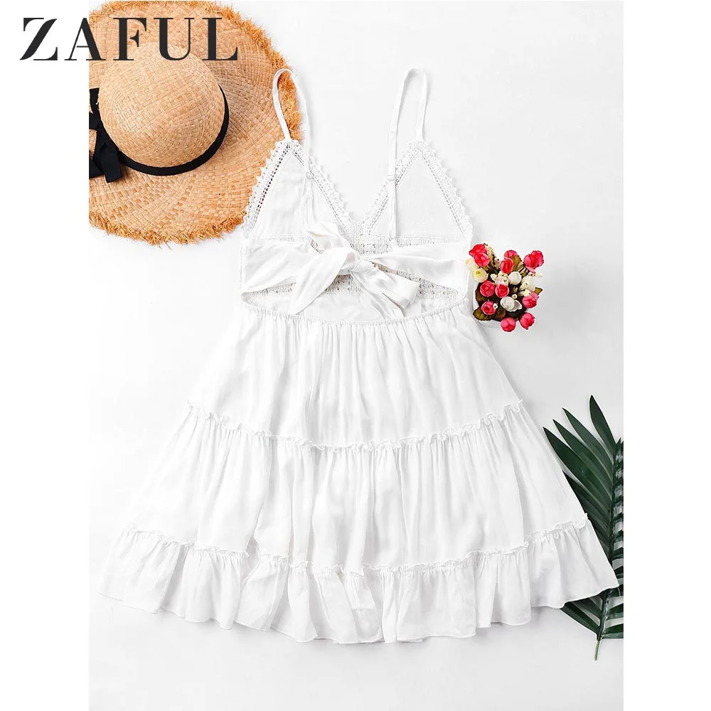 ZAFUL Платье Cami Flare с узором спинки Узелок на спине и лямке Мини-платье без рукавов