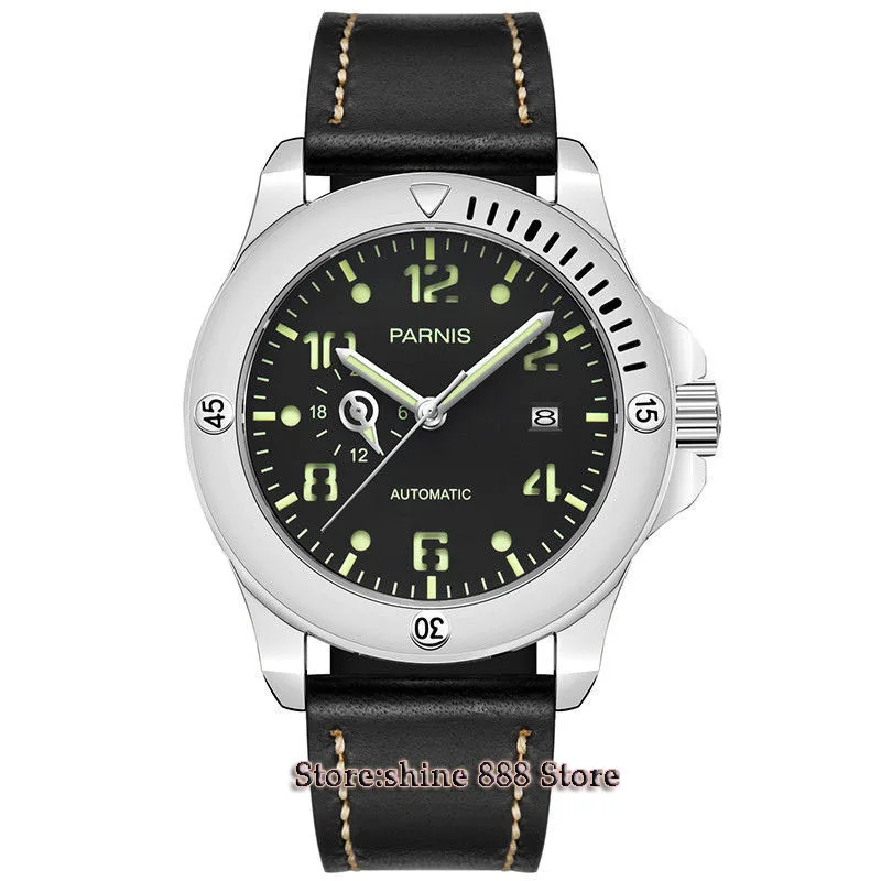 

43mm parnis black dial 316 steel case sapphire glass miyota automatic mens watch