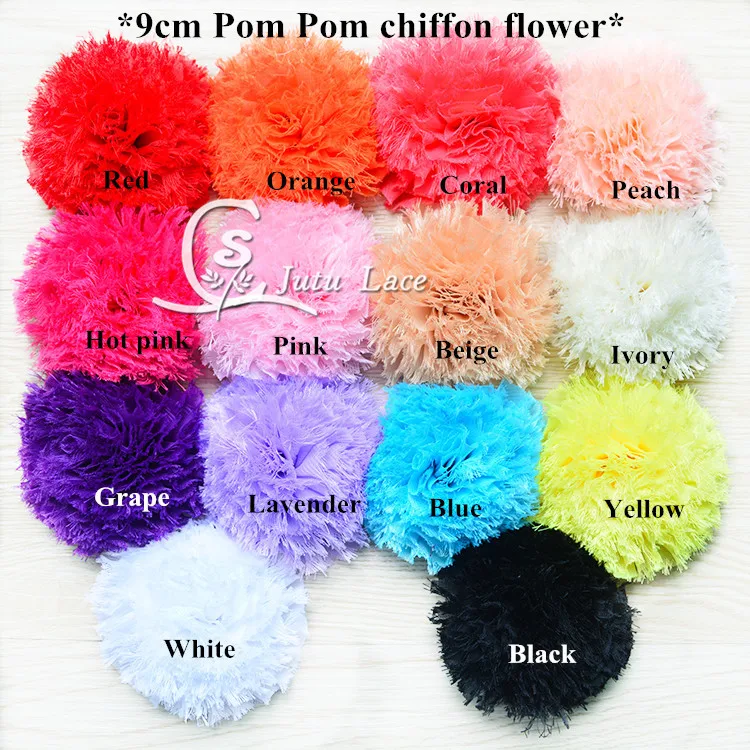 

120 pcs/lot , 9 cm '' Pom Pom frayed shabby chiffon flower for headwear hair accessories