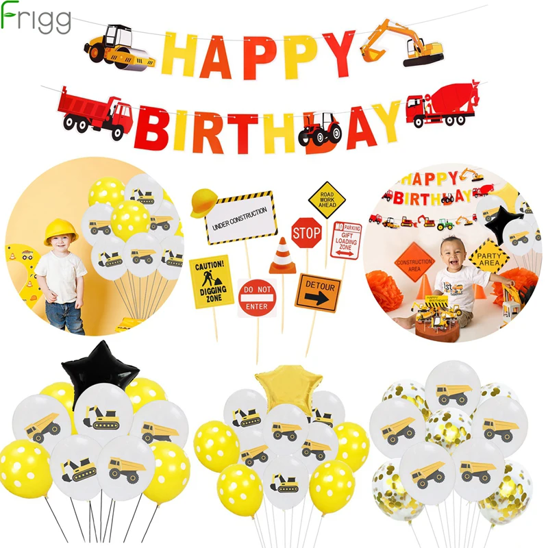 

Excavator Vehicle Birthday Balloons Truck Cake Topper Happy Birthday Banner Construction Birthday Party Decor Kids Baby Shower