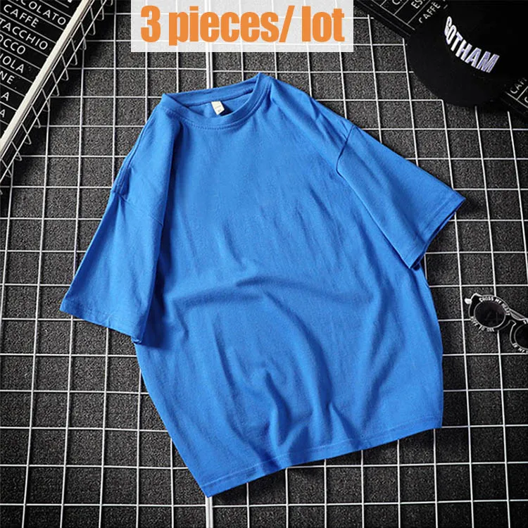 Blue-3 pieces Распродажа, упаковка из 3 повседневных однотонных хлопковых футболок, мужские белые фиолетовые футболки с коротким рукавом, летние уличные футболки больших размеров BD129 - Цвет: Blue-3 pieces