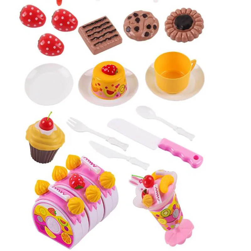 75Pcs Children Plastic DIY Pretend Play Fruit Cutting Birthday Colorful Cake Kitchen Food Toy Pink Blue Color For Girls Gift
