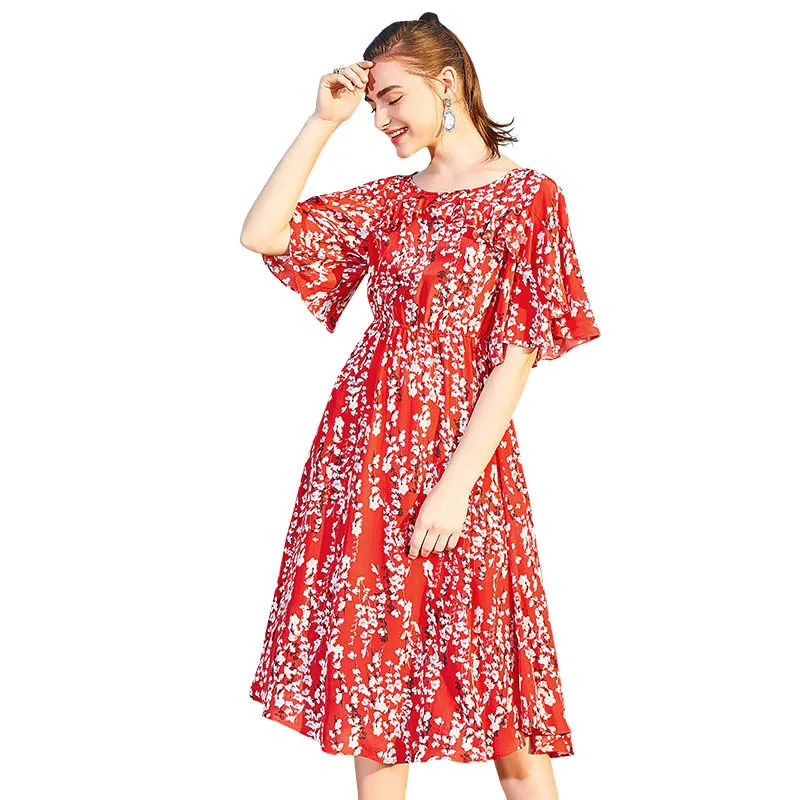 Женское повседневное облегающее платье шелковое с круглым вырезом и принтом