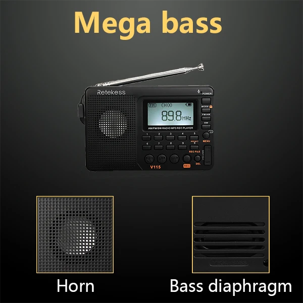 Retekess V115 радио FM/AM/SW мировой диапазон приемник MP3 плеер REC рекордер с таймером сна черный FM радио рекордер F9205A