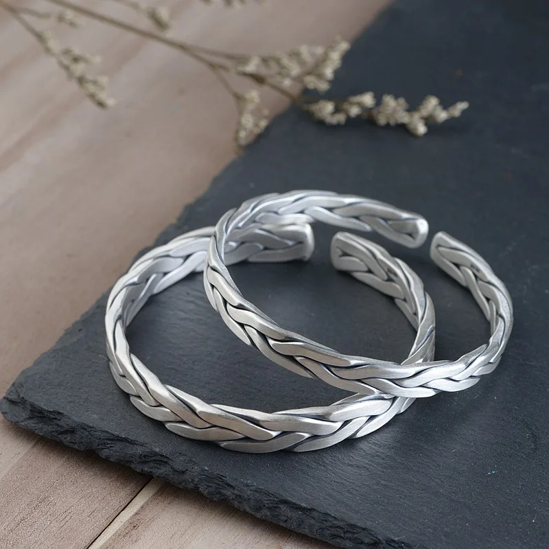 HFANCYW Fine Silver Silk Woven Bracelet Wholesale S990 Antique Thai Craft Interweave Couple Style Bangle Jewelry | Украшения и
