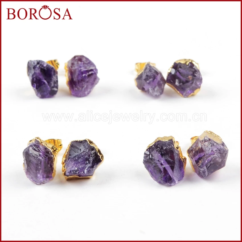 BOROSA 1 пара новые золотые серьги с необработанными аметистами фиолетовым
