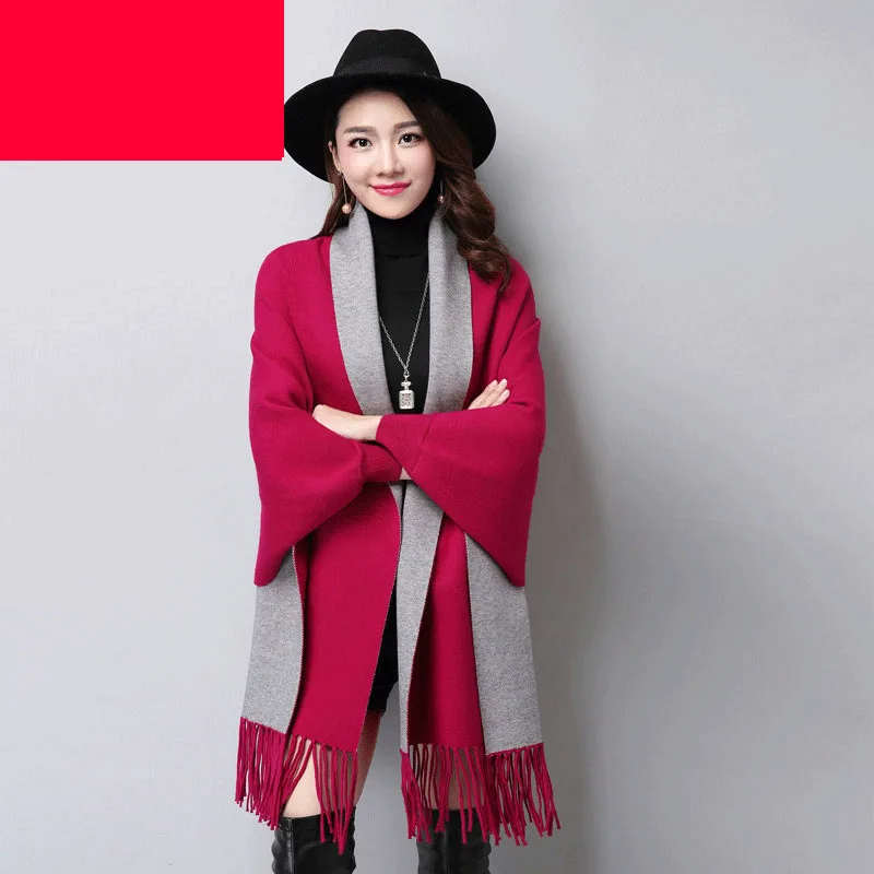 Осенний женский свитер теплая накидка пончо с бахромой пальто зимний