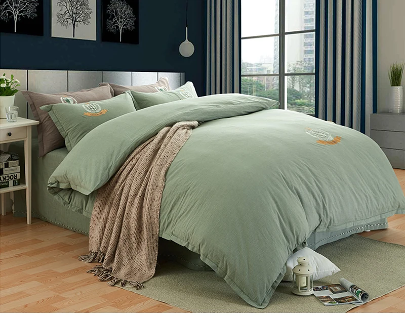 Jinpei Classic plain cotton sleeve yarn - dyed washed four piece set solid Embroidered bed textile | Дом и сад