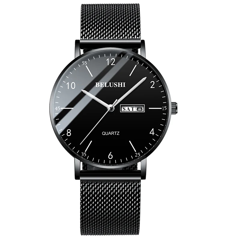 Steel Black Black Мужские часы, ультра тонкие, стальные, сетчатые, кварцевые наручные часы, двойной календарь, простые, черные, мужские часы Hodinky, мужские часы, Relogio Masculino - Цвет: Steel Black Black