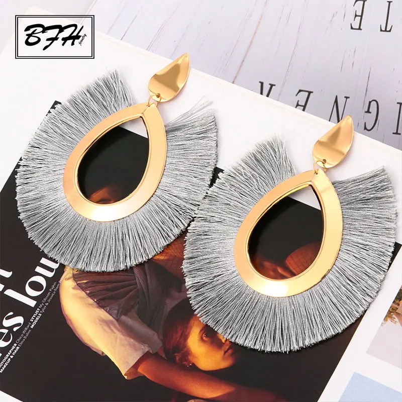 Gray BFH Bohemian Big Drop Earrings for Women Lady Female Fringe Handmade Brincos Large Fashion Woman Tassel Earring Jewelry - Окраска металла: Gray